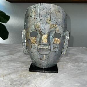 Mayan Aztec Mexican Stone Abalone Shell Burial Death Mask Turquoise 8 x 5.5"